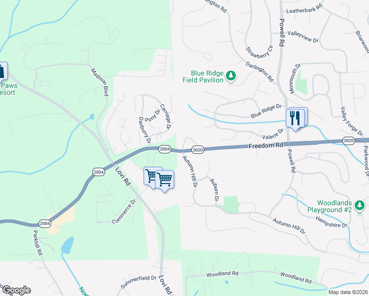 map of restaurants, bars, coffee shops, grocery stores, and more near 1001 Freedom Road in Cranberry Township