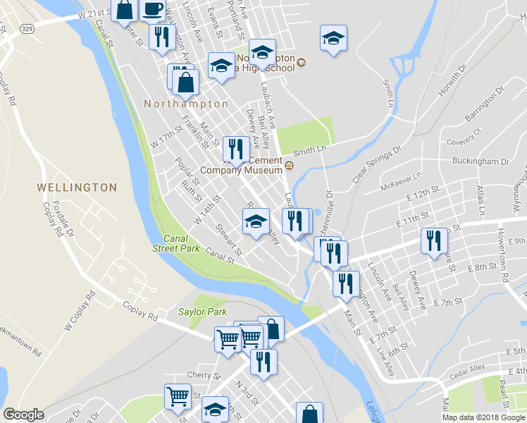 map of restaurants, bars, coffee shops, grocery stores, and more near 1312 Main Street in Northampton