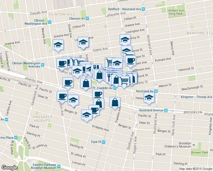 map of restaurants, bars, coffee shops, grocery stores, and more near 1096 Fulton Street in Brooklyn