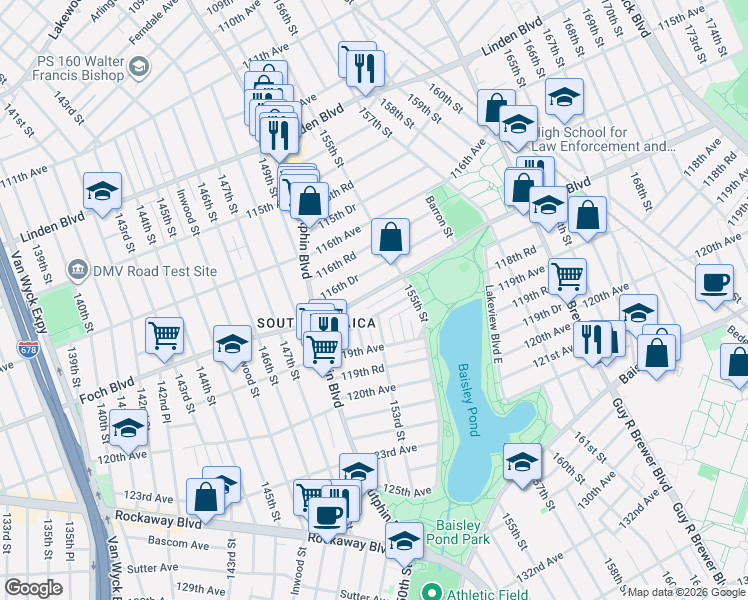 map of restaurants, bars, coffee shops, grocery stores, and more near 153-12 Foch Boulevard in Queens