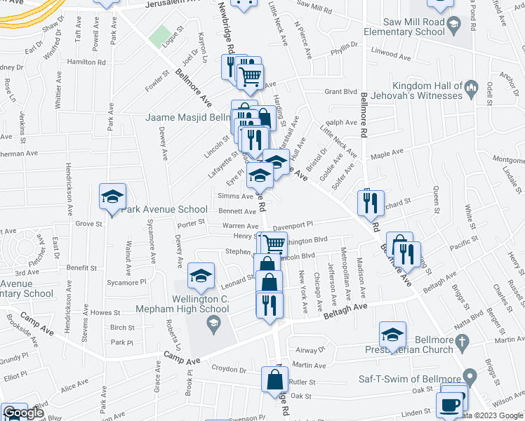 map of restaurants, bars, coffee shops, grocery stores, and more near 1696 Newbridge Road in Bellmore