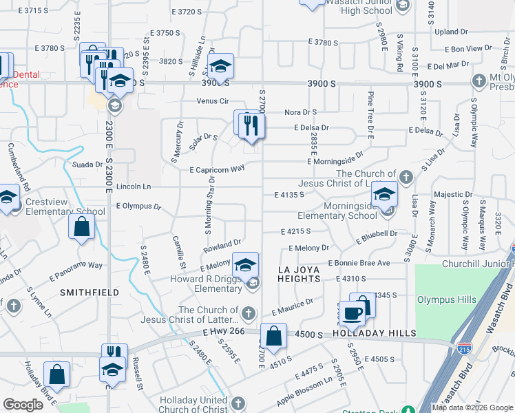 map of restaurants, bars, coffee shops, grocery stores, and more near 2651 Cecil Drive in Holladay
