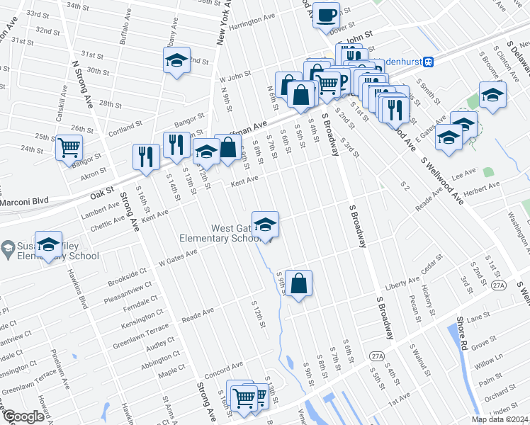 map of restaurants, bars, coffee shops, grocery stores, and more near 284 South 9th Street in Lindenhurst