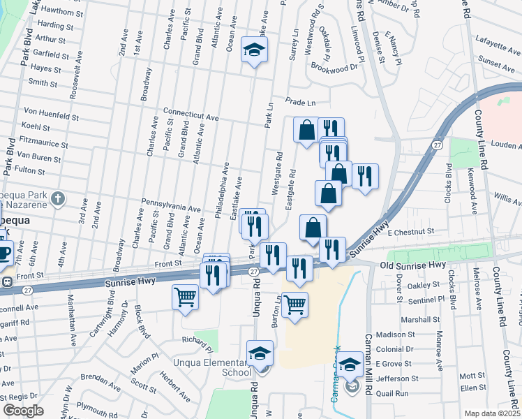 map of restaurants, bars, coffee shops, grocery stores, and more near 21 Westgate Road in Massapequa Park