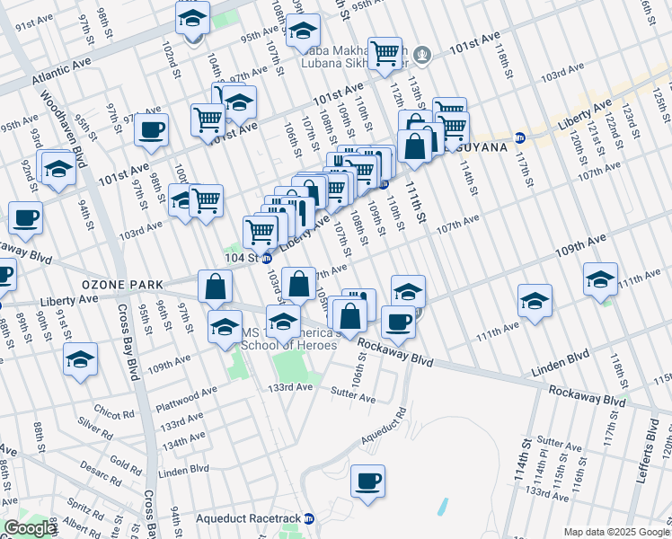 map of restaurants, bars, coffee shops, grocery stores, and more near 106-1 107th Avenue in Queens