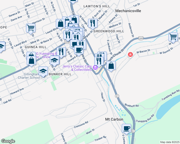 map of restaurants, bars, coffee shops, grocery stores, and more near 375 Hotel Street in Pottsville