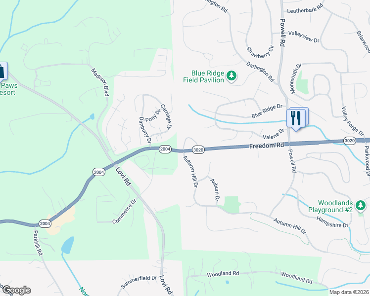 map of restaurants, bars, coffee shops, grocery stores, and more near 1001 Freedom Road in Cranberry Township