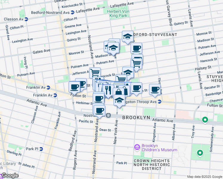 map of restaurants, bars, coffee shops, grocery stores, and more near 107 Macon Street in Brooklyn
