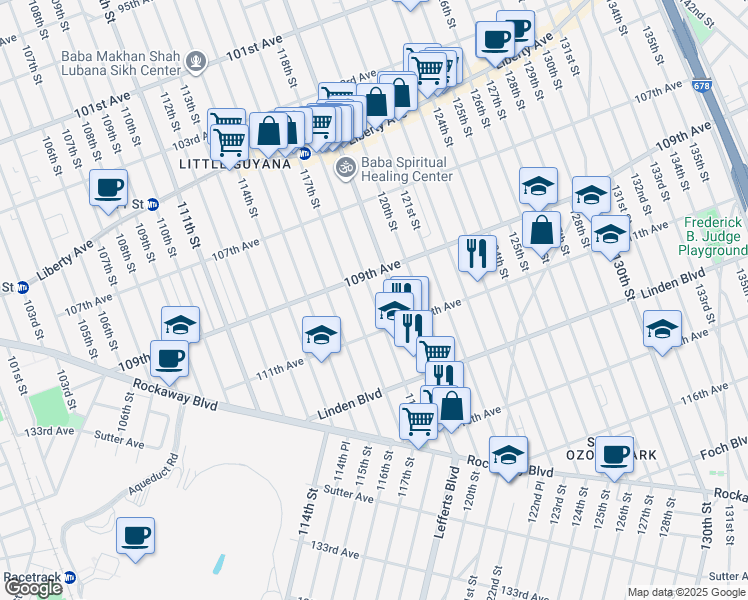 map of restaurants, bars, coffee shops, grocery stores, and more near 111 118th Street in Queens