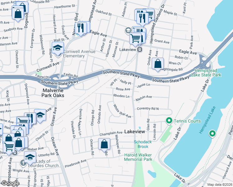 map of restaurants, bars, coffee shops, grocery stores, and more near 852 Tulip Avenue in West Hempstead