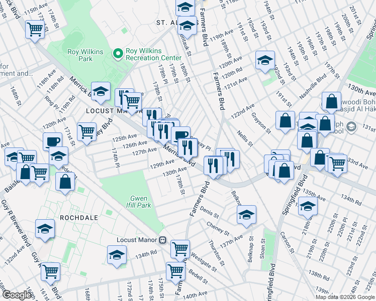 map of restaurants, bars, coffee shops, grocery stores, and more near 178-17 Zoller Road in Queens