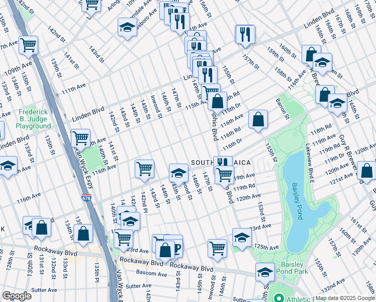 map of restaurants, bars, coffee shops, grocery stores, and more near 145-46 116th Avenue in Queens