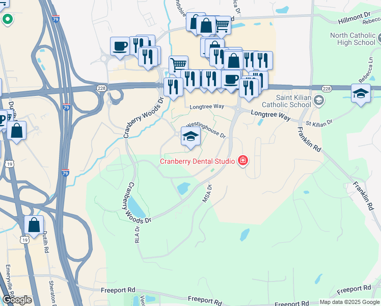 map of restaurants, bars, coffee shops, grocery stores, and more near 1000 Westinghouse Drive in Cranberry Township