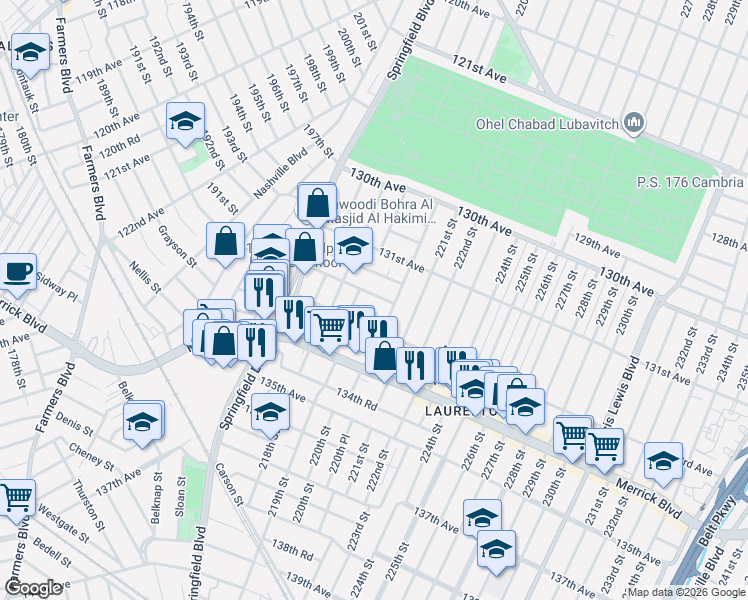 map of restaurants, bars, coffee shops, grocery stores, and more near 219-08 132nd Road in Queens