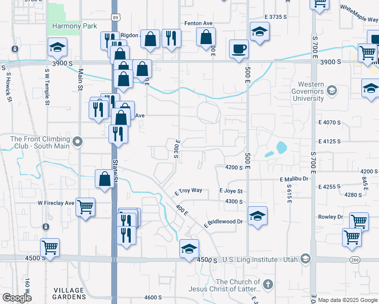 map of restaurants, bars, coffee shops, grocery stores, and more near 362 East Stonehedge Drive in Salt Lake City