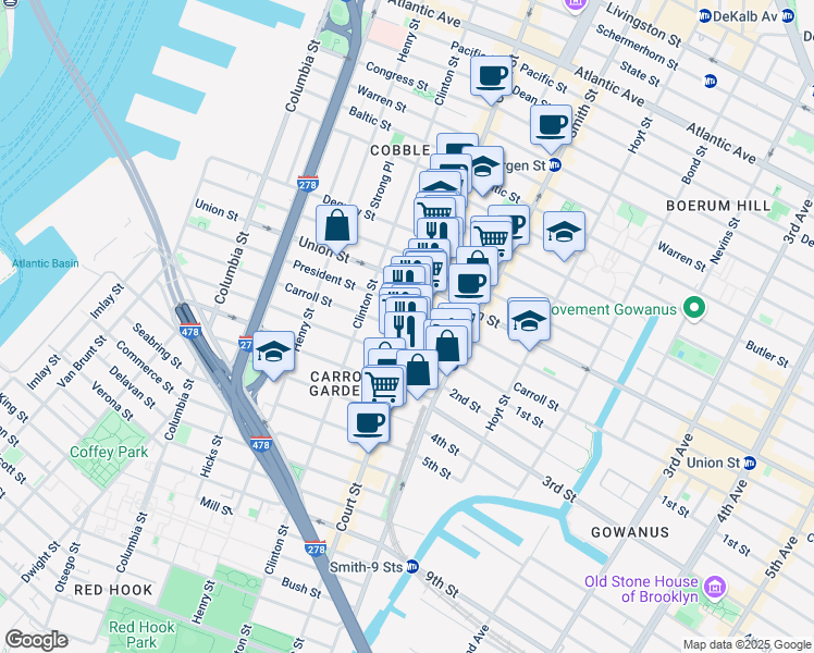 map of restaurants, bars, coffee shops, grocery stores, and more near 374 Court Street in Brooklyn