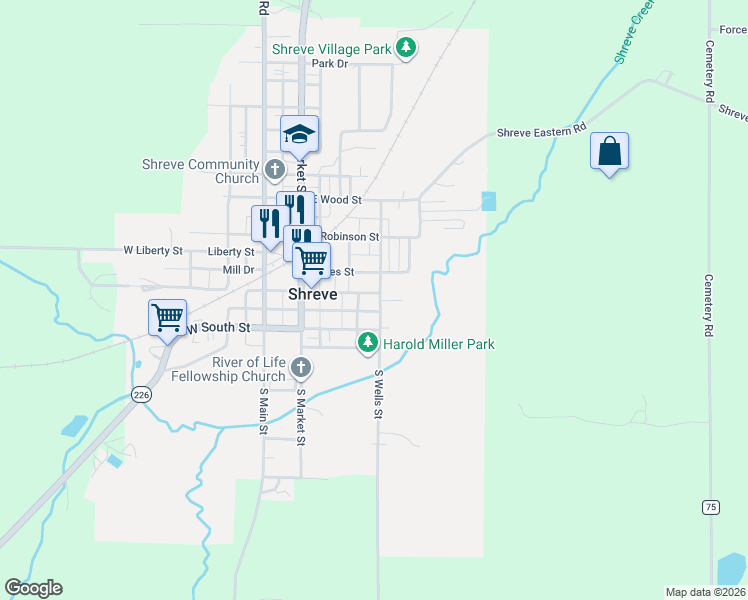 map of restaurants, bars, coffee shops, grocery stores, and more near 325 Jones Street in Shreve