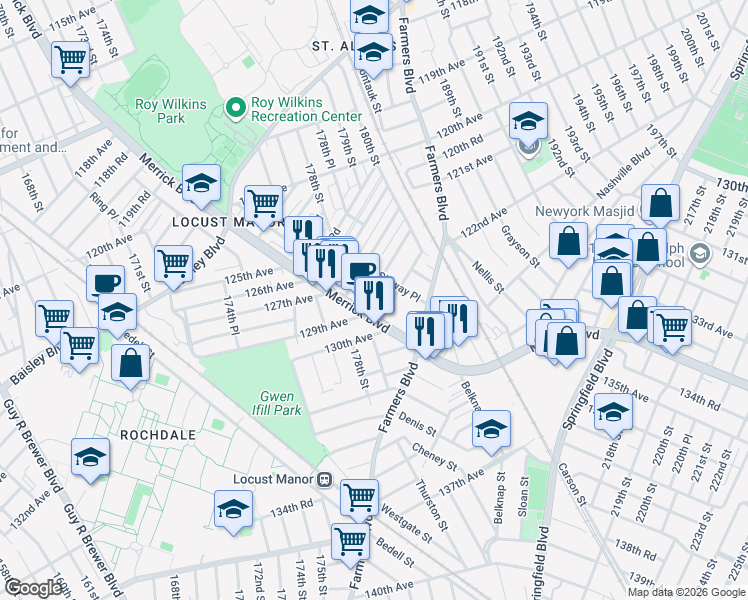 map of restaurants, bars, coffee shops, grocery stores, and more near 178-17 Zoller Road in Queens