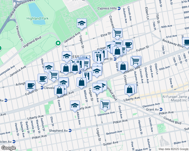 map of restaurants, bars, coffee shops, grocery stores, and more near 110 Dinsmore Place in Brooklyn