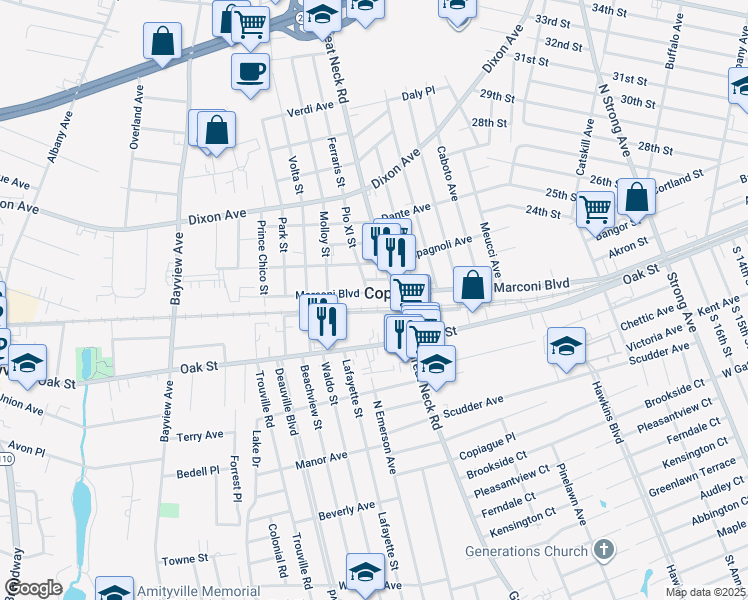 map of restaurants, bars, coffee shops, grocery stores, and more near 504 Marconi Boulevard in Copiague