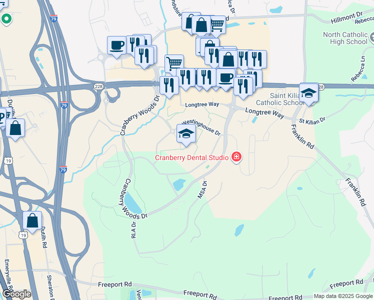 map of restaurants, bars, coffee shops, grocery stores, and more near 1000 Westinghouse Drive in Cranberry Township
