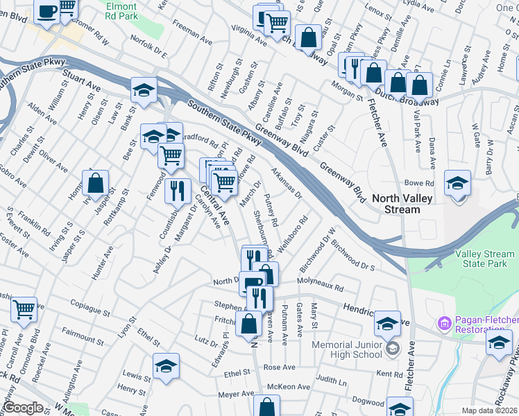 map of restaurants, bars, coffee shops, grocery stores, and more near 1650 Putney Road in Valley Stream