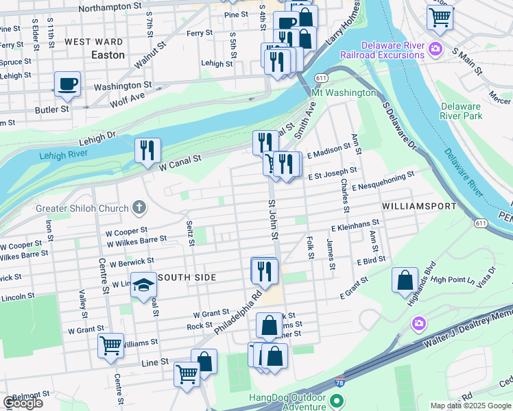 map of restaurants, bars, coffee shops, grocery stores, and more near 238 West Nesquehoning Street in Easton