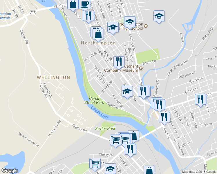 map of restaurants, bars, coffee shops, grocery stores, and more near 140 West 14th Street in Northampton