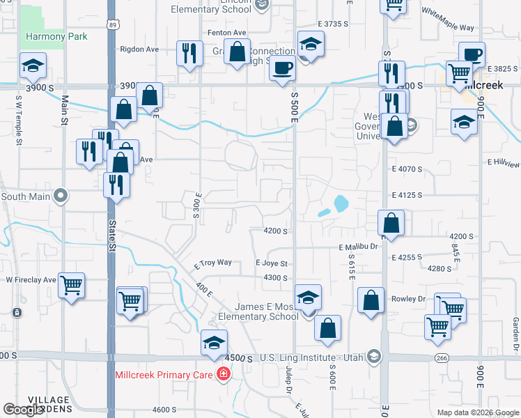 map of restaurants, bars, coffee shops, grocery stores, and more near 433 East Stonehedge Drive in Salt Lake City