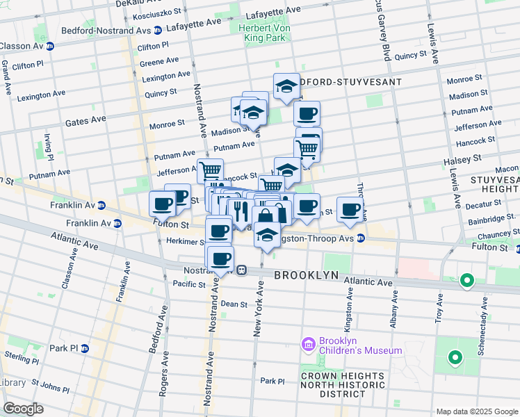 map of restaurants, bars, coffee shops, grocery stores, and more near 102 Macon Street in Brooklyn