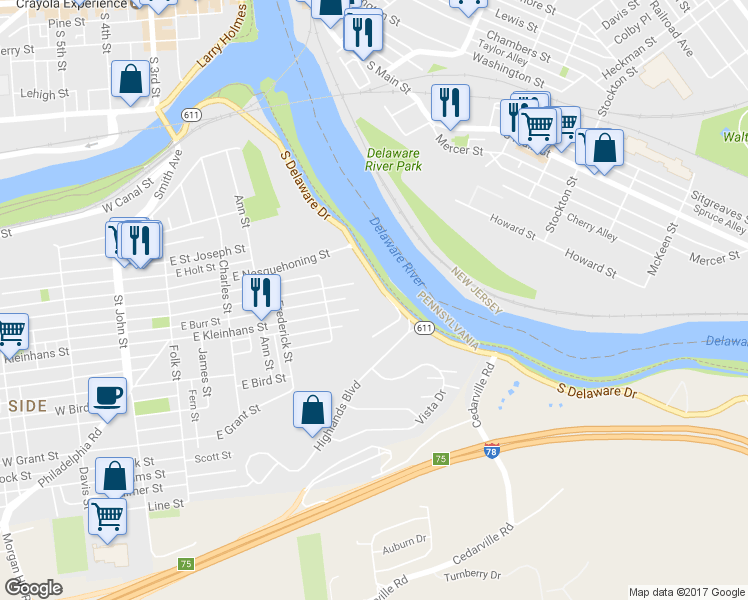 map of restaurants, bars, coffee shops, grocery stores, and more near 444 East Kleinhans Street in Easton