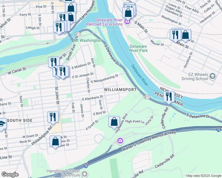 map of restaurants, bars, coffee shops, grocery stores, and more near 339 East Wilkes Barre Street in Easton