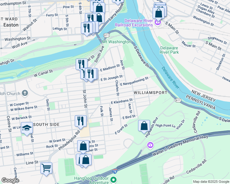 map of restaurants, bars, coffee shops, grocery stores, and more near 208 East Wilkes Barre Street in Easton