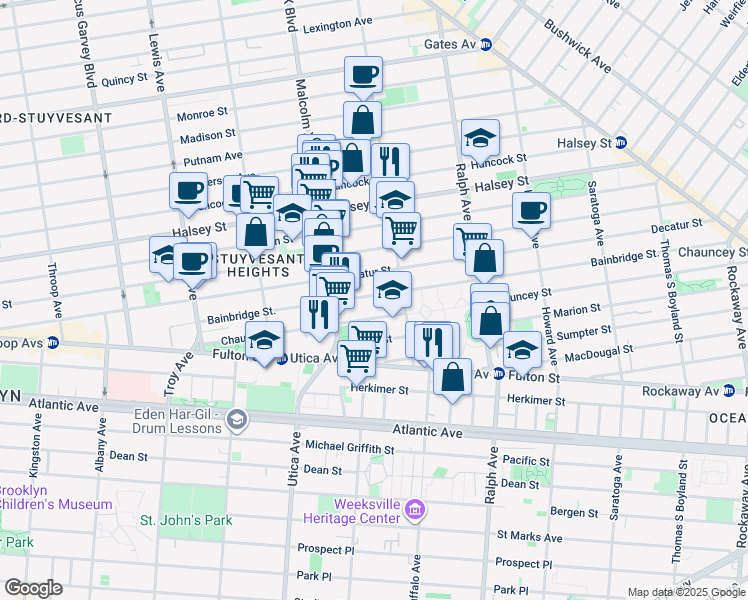 map of restaurants, bars, coffee shops, grocery stores, and more near 248 Bainbridge Street in Brooklyn