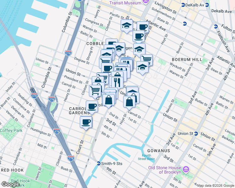 map of restaurants, bars, coffee shops, grocery stores, and more near 311 Smith Street in Brooklyn