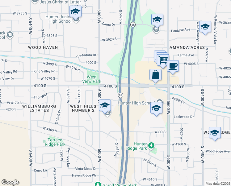 map of restaurants, bars, coffee shops, grocery stores, and more near 4121 Rushford Court in Salt Lake City