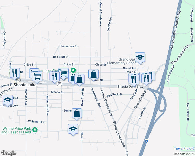 map of restaurants, bars, coffee shops, grocery stores, and more near 4832 Main Street in Shasta Lake