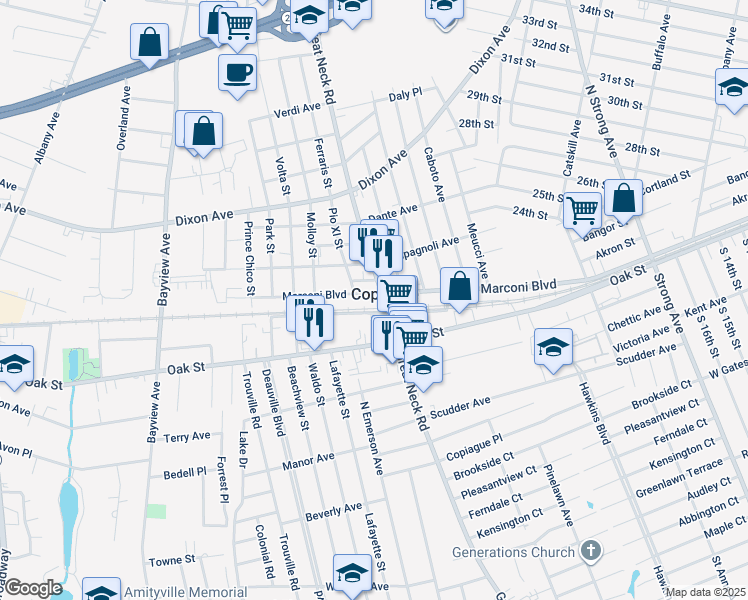 map of restaurants, bars, coffee shops, grocery stores, and more near 504 Marconi Boulevard in Copiague