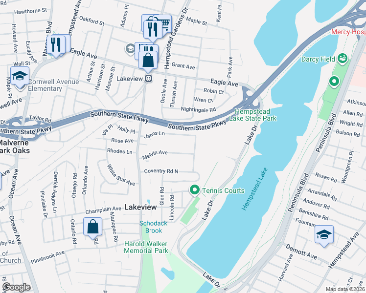 map of restaurants, bars, coffee shops, grocery stores, and more near 240 Janos Lane in West Hempstead