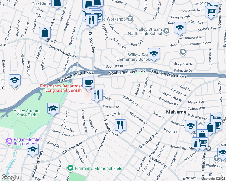 map of restaurants, bars, coffee shops, grocery stores, and more near 52 Parkwold Drive East in Valley Stream