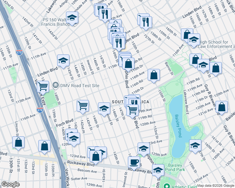 map of restaurants, bars, coffee shops, grocery stores, and more near 116-23 147th Street in Queens