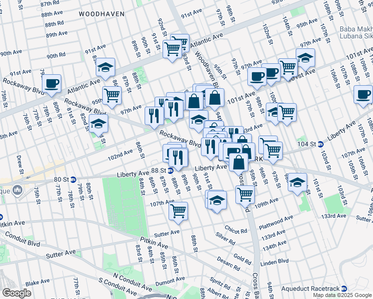 map of restaurants, bars, coffee shops, grocery stores, and more near 89-20 102nd Road in Queens