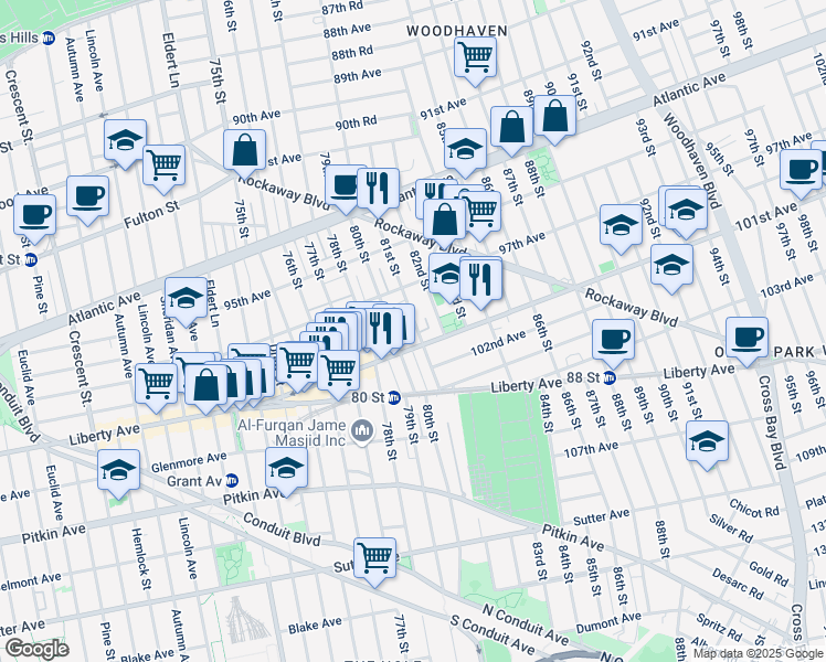 map of restaurants, bars, coffee shops, grocery stores, and more near 97-34 81st Street in Queens