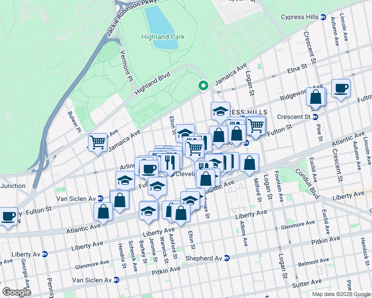 map of restaurants, bars, coffee shops, grocery stores, and more near 179 Linwood Street in Brooklyn