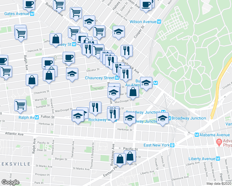 map of restaurants, bars, coffee shops, grocery stores, and more near 454 Marion Street in Brooklyn