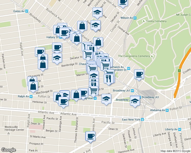 map of restaurants, bars, coffee shops, grocery stores, and more near 454 Marion Street in Brooklyn