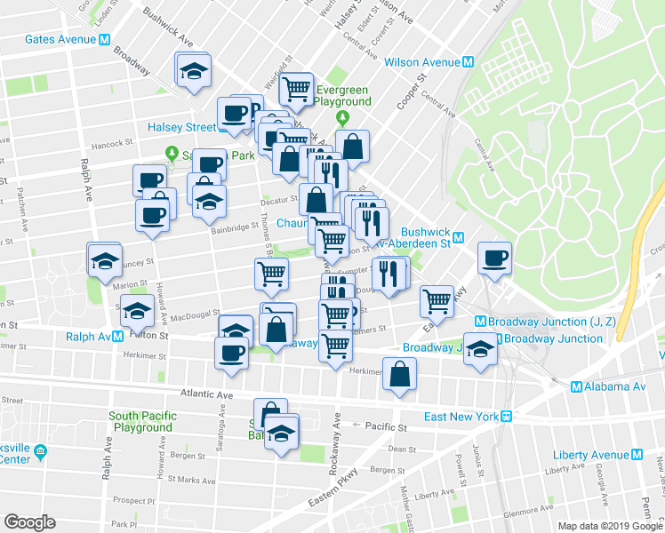 map of restaurants, bars, coffee shops, grocery stores, and more near 454 Marion Street in Brooklyn