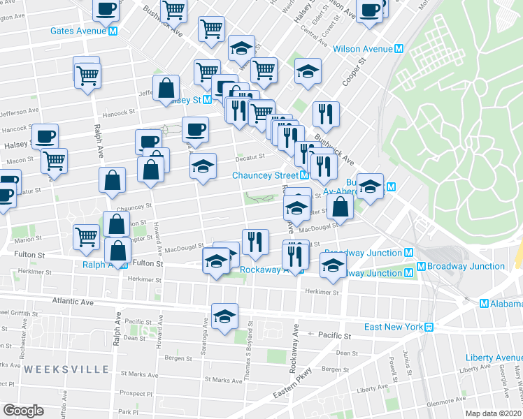 map of restaurants, bars, coffee shops, grocery stores, and more near 422 Marion Street in Brooklyn