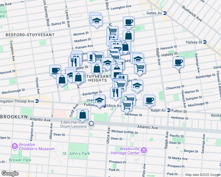 map of restaurants, bars, coffee shops, grocery stores, and more near 324A Decatur Street in Brooklyn