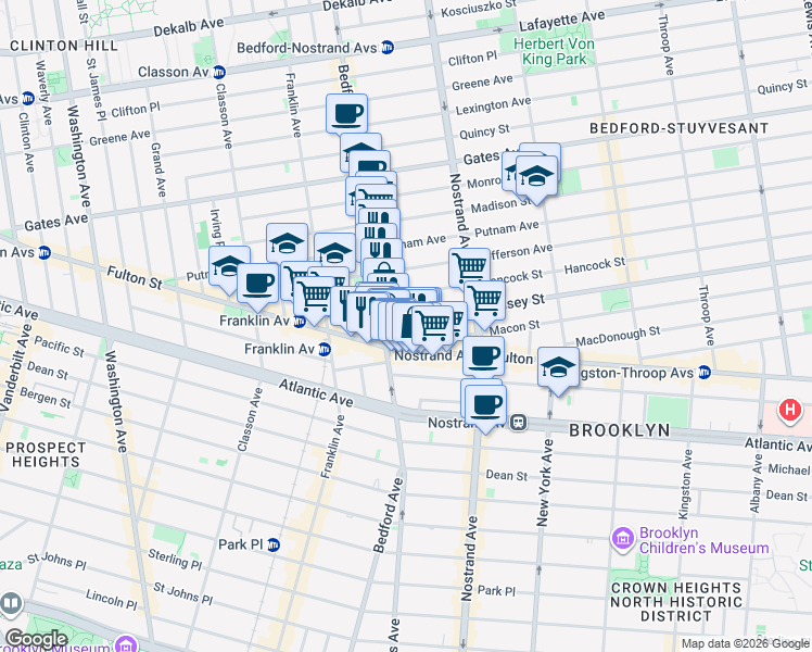 map of restaurants, bars, coffee shops, grocery stores, and more near 1225 Fulton Street in Brooklyn